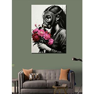 Kanvas Tablo Gaz Maskeli Kadın Ve Çiçek 100x140 cm