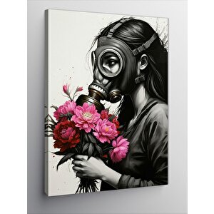 Kanvas Tablo Gaz Maskeli Kadın Ve Çiçek