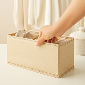 Ocean Home Textile 3'lü Bölmeli Bej Balıksırtı Çekmece İçi Düzenleyici Kutu Set 13 X 28 X 13 Cm
