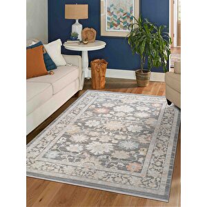 Rustik 2223 Klasik Vintage Salon Gri Country Mutfak Halısı Tozumaz Yumuşak Makine Halısı 100x200 cm
