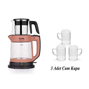Cam Çay Makinesi Rosegold Renk 3 Adet İnce Cam Kupa