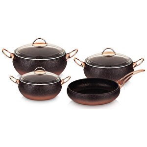 7 Parça Granit Küre Tencere Set Bakır Cam Kapak