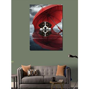 Kanvas Tablo Kırmızı Şemsiye Altında Köpek 100x140 cm