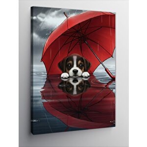 Kanvas Tablo Kırmızı Şemsiye Altında Köpek