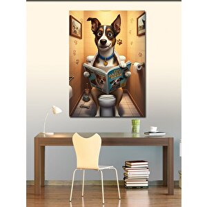 Kanvas Tablo Tuvalette Gazete Okuyan Köpek 100x140 cm