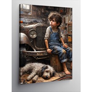 Kanvas Tablo Sanayide Çalışan Çocuk Ve Köpek 70x100 cm