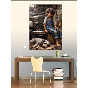 Kanvas Tablo Sanayide Çalışan Çocuk Ve Köpek 50x70 cm