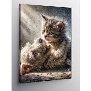Kanvas Tablo Kedi Ve Köpek Yavrusu