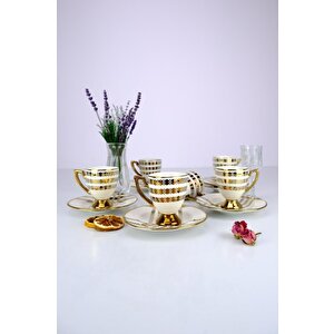 Vicenza 6 Kişilik 12 Parça Porselen Kahve Fincan Takımı Gold Yaldızlı Krem - Vogue-114 C320.042