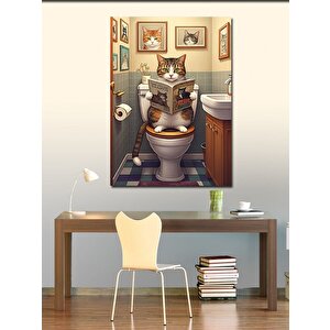 Kanvas Tablo Tuvalette Gazete Okuyan Kedi 100x140 cm
