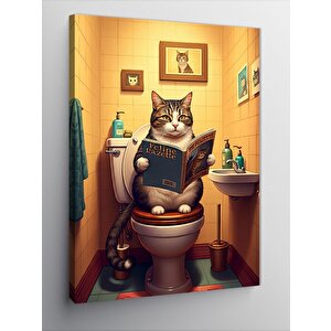 Kanvas Tablo Tuvalette Gazete Okuyan Kedi