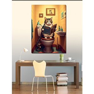 Kanvas Tablo Tuvalette Gazete Okuyan Kedi