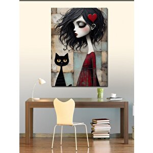 Kanvas Tablo Kara Kedi Ve Kız