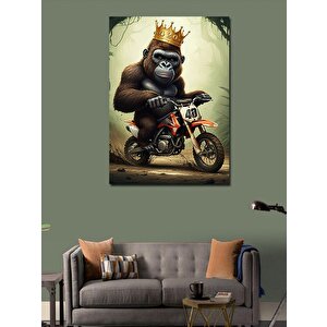 Kanvas Tablo Taçlı Goril Motor Üstünde 100x140 cm
