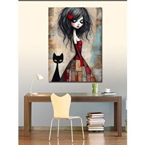 Kanvas Tablo Kara Kedi Ve Kalpli Kız