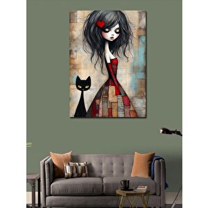 Kanvas Tablo Kara Kedi Ve Kalpli Kız