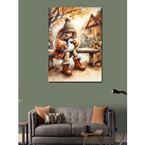 Kanvas Tablo Kış Köy Manzarası Kız Çocuğu 100x140 cm