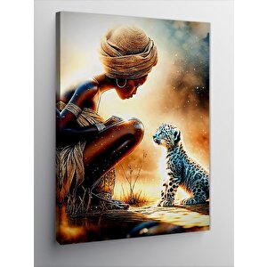 Kanvas Tablo Afrikalı Kadın Ve Yavru Leopar 100x140 cm
