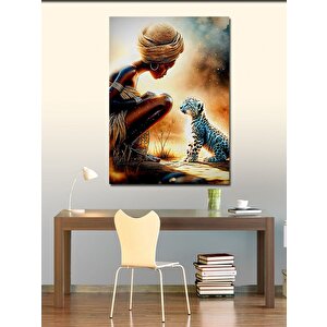 Kanvas Tablo Afrikalı Kadın Ve Yavru Leopar 100x140 cm