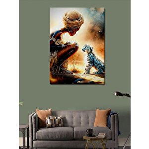 Kanvas Tablo Afrikalı Kadın Ve Yavru Leopar 70x100 cm