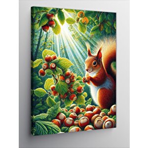 Kanvas Tablo Ağaçta Fındık Toplayan Sincap 70x100 cm