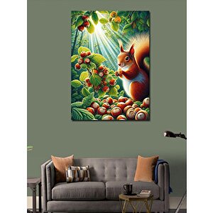 Kanvas Tablo Ağaçta Fındık Toplayan Sincap 70x100 cm