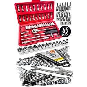 Pro 58 Parça Lokma Takımı Otomatik Cırcırlı 1/4" 12 Parça Kombine Açık Ağız-yıldız Anahtar Takım