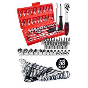 Pro 58 Parça Lokma Takımı Otomatik Cırcırlı 1/4" 12 Parça Kombine Açık Ağız-yıldız Anahtar Takım