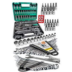 Pro 65 Parça 53 Lokma Takımı Otomatik Cırcırlı 1/4" 12 Parça Kombine Açık Ağız-yıldız Anahtar Set