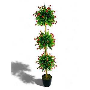 Yapay Ağaç Kırmızı Mineli Şimşir Top Siyah Saksılı 115*30cm