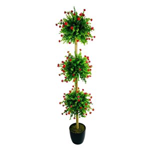 Yapay Ağaç Kırmızı Mineli Şimşir Top Siyah Saksılı 115*30cm