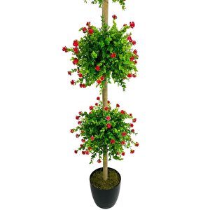 Yapay Ağaç Kırmızı Mineli Şimşir Top Siyah Saksılı 115*30cm