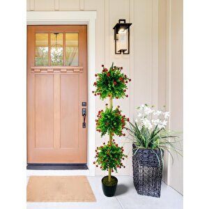 Yapay Ağaç Kırmızı Mineli Şimşir Top Siyah Saksılı 115*30cm