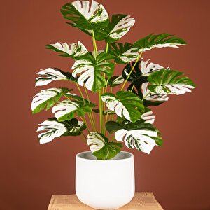 Yapay Ağaç Salon Bitkisi Beyaz Monstera 70 Cm 18 Yaprak Antrasit Saksıda Deve Tabanı