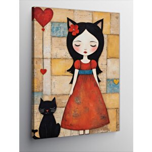 Kanvas Tablo Kedi Ve Kalpli Kız