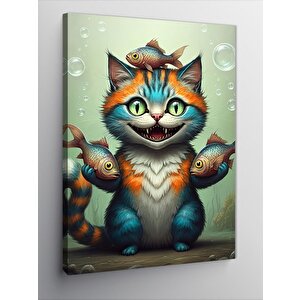 Kanvas Tablo Çizgi Kedi Ve Balıklar 100x140 cm