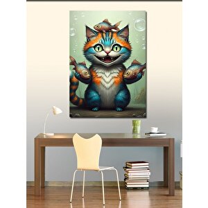 Kanvas Tablo Çizgi Kedi Ve Balıklar 100x140 cm