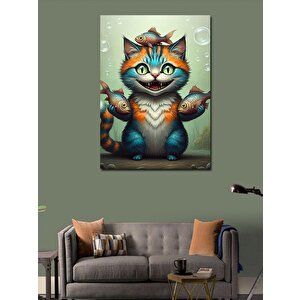 Kanvas Tablo Çizgi Kedi Ve Balıklar 100x140 cm