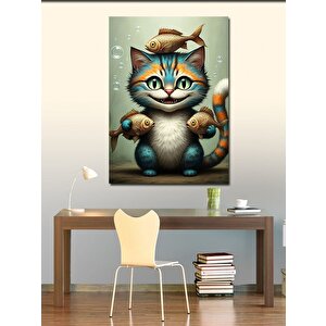Kanvas Tablo Balık Tutan Kedi 100x140 cm