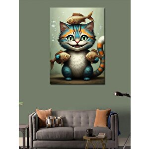 Kanvas Tablo Balık Tutan Kedi 100x140 cm