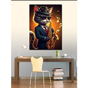 Kanvas Tablo Saksafonlu Kedi