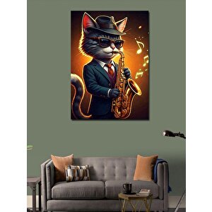 Kanvas Tablo Saksafonlu Kedi