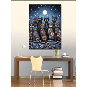 Kanvas Tablo Gece Mavisi Kedi Ailesi