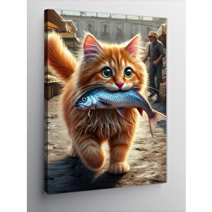 Kanvas Tablo Balık Yakalmış Kedi