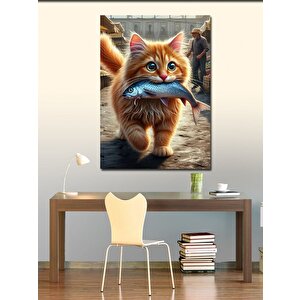 Kanvas Tablo Balık Yakalmış Kedi