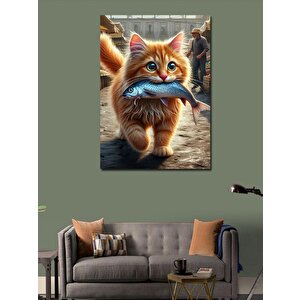 Kanvas Tablo Balık Yakalmış Kedi