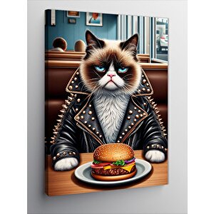 Kanvas Tablo Hamburger Yiyen Kedi