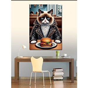 Kanvas Tablo Hamburger Yiyen Kedi