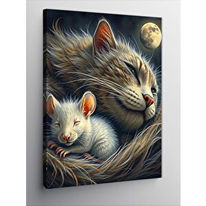 Kanvas Tablo Uyuyan Kedi Ve Yavru Fare
