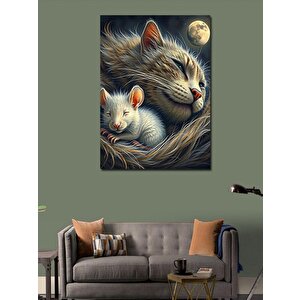 Kanvas Tablo Uyuyan Kedi Ve Yavru Fare